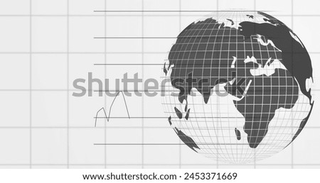 Digital image of financial data processing and spinning globe against white background. global finance and business concept