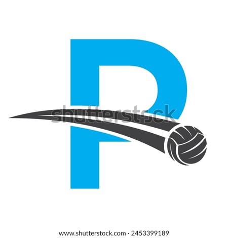 Volleyball Logo On Letter P Concept With Moving Volleyball Symbol. Volleyball Sign