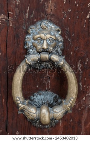Detailed door knocker featuring an adorned lion head made of durable bronze, decorative element set on a main gate of a building in Bologna, Italy, symbolizing strength, protection and guardianship Royalty-Free Stock Photo #2453402013