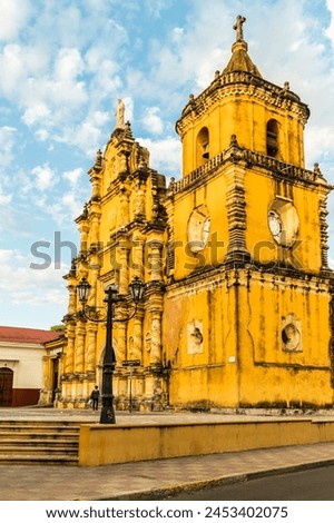 A view of the colourful baroque facade of the Church of the Recollection, Leon, Nicaragua, Central America Royalty-Free Stock Photo #2453402075