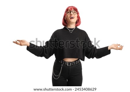 Young woman spreading her arms and looking up isolated on white background