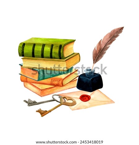 Books, feather ink pen and old key composition. Vintage reading clip art. Hand drawn watercolor retro library image for stickers, retro flyers and postcards. scrapbooking.