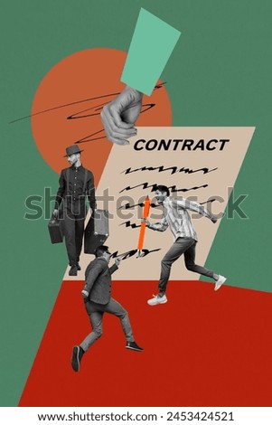 Artwork magazine collage picture of excited people hurrying signing documents isolated drawing background