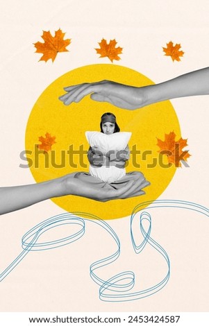 Composite trend sketch image 3D photo collage of young student lady sit on huge hand hug pillow autumn season fallen leaves good morning