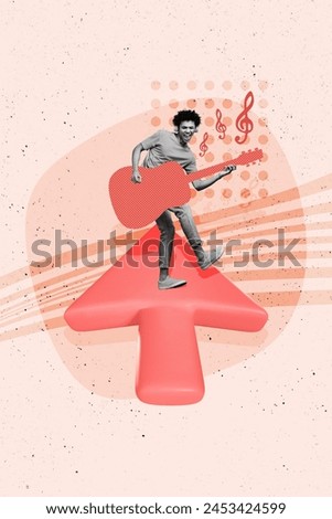 Vertical image collage young funky joyful man concert band player guitar instrument musician artist rock drawing background