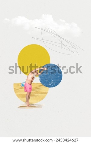 Vertical collage picture elder man excited grandfather tourist vacation jumping seaside sand beach pensioner ocean drawing background
