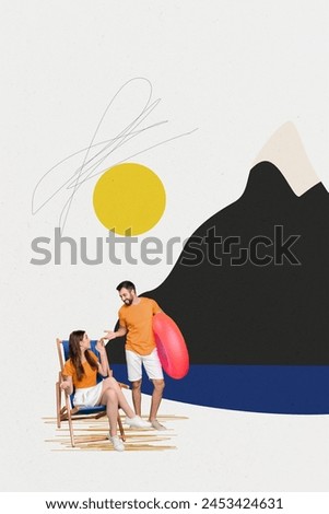Vertical photo image picture young couple happy positive mood wild nature vacation weekend mountain lake sea sun drawing background