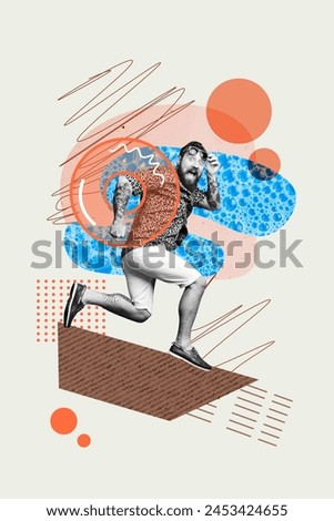 Vertical photo picture collage young running traveler man vacation amazed reaction sunglass hurry drawing doodles tourist