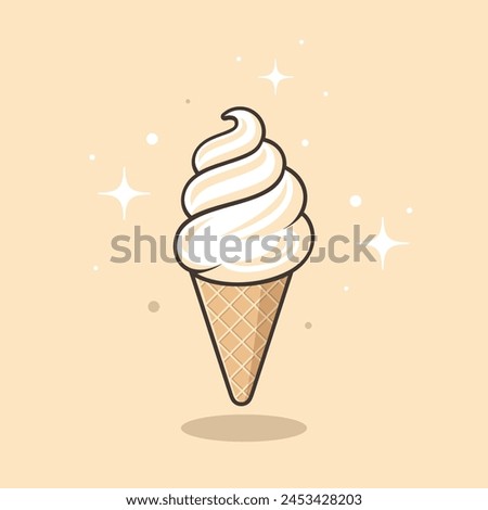 Vanilla ice cream cone vector flat illustration. White ice cream with black outline on beige background.