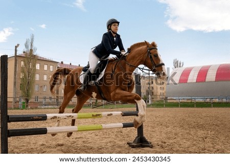Rider jumping horse over obstacle, equestrian sport. Riding session. Female jockey in uniform riding equine. Show jumping. Horseback riding school Royalty-Free Stock Photo #2453430345