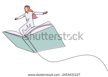 Single one line drawing Arabian man standing on large flying open book. Like riding a cloud, able to fly as high as possible. Reading increase insight. Continuous line design graphic illustration
