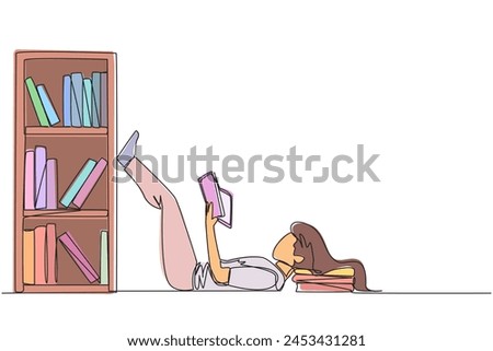 Continuous one line drawing woman lying on back reading fiction story book near bookcase. Read slowly to enjoy storyline. Hobby reading. Very good habit. Single line draw design vector illustration