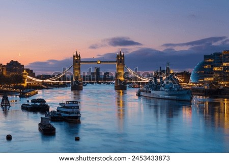 Tower Bridge and HMS Belfast at sunrise, London, England, United Kingdom, Europe