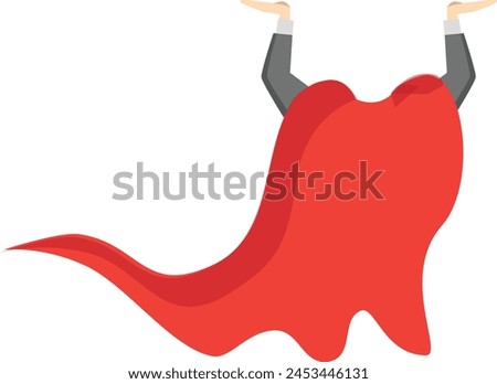 Red superhero cape label. super hero cape with hand, power man cloak. Cartoon vector mockup for kids product advertising. Super cloak hero for discount banner