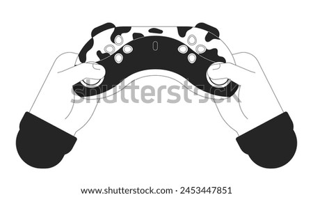 Holding gamepad cartoon human hands outline illustration. Videogame controller buttons pressing 2D isolated black and white vector image. Gadget. Carrying joystick flat monochromatic drawing clip art
