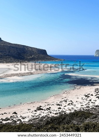Balos Lagoon Beach and Cape Tigani, elevated view, Gramvousa Peninsula, Chania Region, Crete, Greek Islands, Greece, Europe Royalty-Free Stock Photo #2453449321