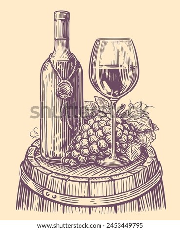 Bottle of wine with wine glass and grapes. Winery sketch. Vector illustration vintage engraving style