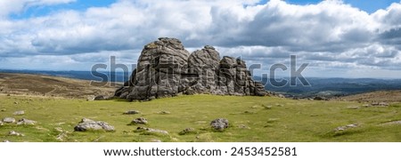 Haytor rock on Dartmoor in England. Panoramic picture showing the granite landmark taken in a Devonshire National park. 
