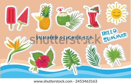 Summer sticker set. Summer element sticker. Summer holiday beach. Cartoon flat vector isolated on white bạckground