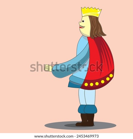 Vector illustration of a prince with a crown on his head. Prince standing aside. Mantle, crown, nobleman, young man. Royalty-Free Stock Photo #2453469973