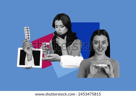 Creative image collage young cheerful girl sickness cold measure temperature disease treatment pills prescription drawing background