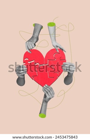 Vertical photo collage of hand collect puzzles match heart shape valentine holiday present together couple isolated on painted background