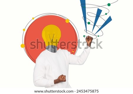 Composite 3D photo collage trend artwork sketch image of headless person incognito man wear lamp instead head show gesture yes fist up Royalty-Free Stock Photo #2453475875