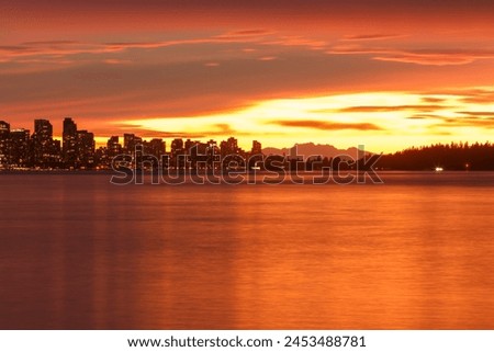 View of Vancouver skyline from North Vancouver at sunset, British Columbia, Canada, North America