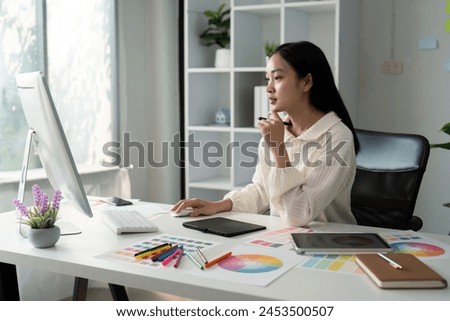 Asian woman graphic designer working in home office. Artist creative designer illustrator graphic skill concept