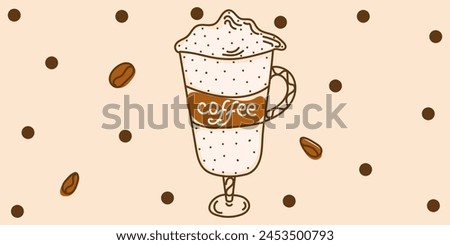 Colorful Doodle coffee with dots, beans in brown, white colors. Vector hand drawn illustration for card, business, banners, textile, wallpaper, wrapping. Isolated on beige background