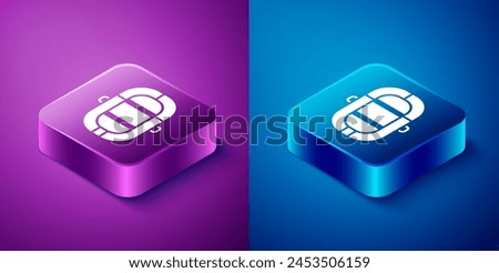 Isometric Rafting boat icon isolated on blue and purple background. Inflatable boat. Water sports, extreme sports, holiday, vacation. Square button. Vector Illustration