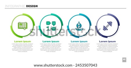 Set Reading book, Planning strategy, World expansion and Dumbbell. Business infographic template. Vector