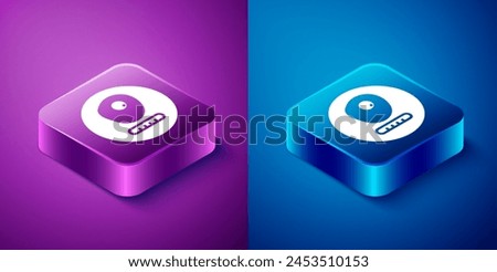 Isometric Traditional british breakfast, fried eggs with sausage icon isolated on blue and purple background. Square button. Vector