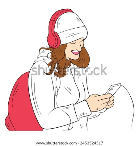 Young woman listening to music on headphones.Vector flat illustration