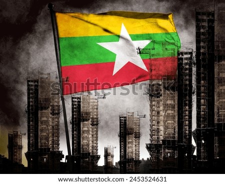 Double exposure creative holographic photo of unfinished super high-rise building and Myanmar flag. Describe Myanmar's real estate collapse, rising prices, financial instability, and inflation     