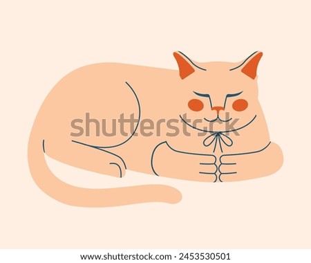 Cute illustration with white lying domestic cat. Cute clip art with pet, animal, kitten. Sweet home concept. Cozy art for card, banner, sticker
