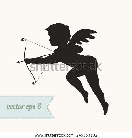 Cupid silhouette with bow and arrow isolated on white