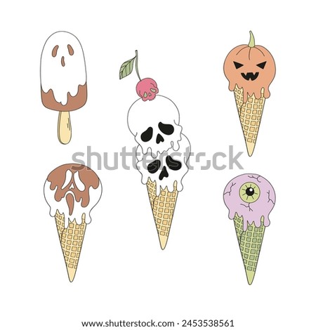 Hand drawn groovy cartoon Halloween sweets ice cream cone in the form of spooky skull pumpkin ghost vector illustration set isolated on white. Retro line art drawing style October 31st party trick or