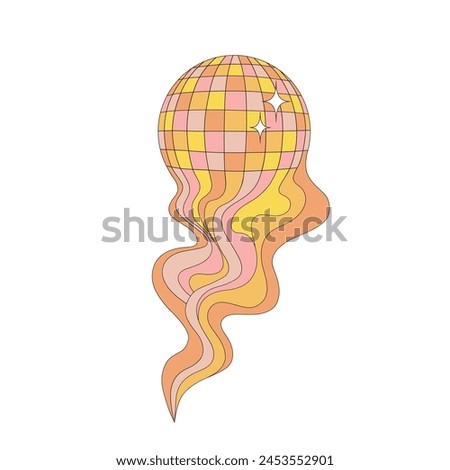 Retro 70s groovy disco ball in the form of comet with wavy tail vector illustration isolated on white. Hand drawn linear style trippy mirror ball print poster postcard design. October 31st Halloween
