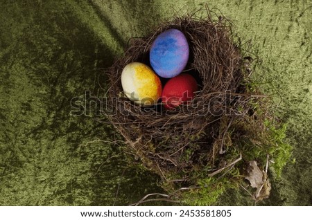 Three Eggs, Easter, decoration, in a natural Bird Nest.