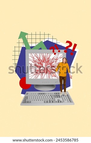 Trend artwork sketch image collage of office manager man confused guy spread hands stand on huge retro computer type keyboard stats grow