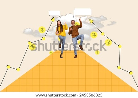 Trend artwork composite sketch 3D photo collage of young team couple man lady climb up high achievement goaltalk textbox cloud arrow grow