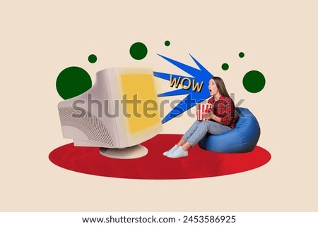 Sketch image composite artwork 3D photo collage of shocked lady sit in beanbag watch retro computer monitor device screen wow surprise