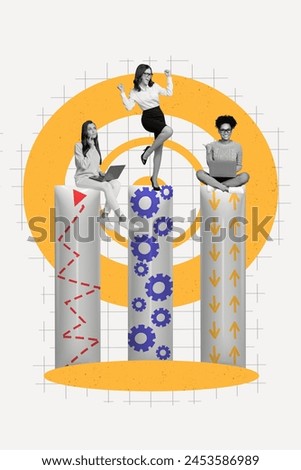 Trend artwork photo collage of silhouette young three person business woman stand on cogwheel platform colleagues sit wor laptop remote