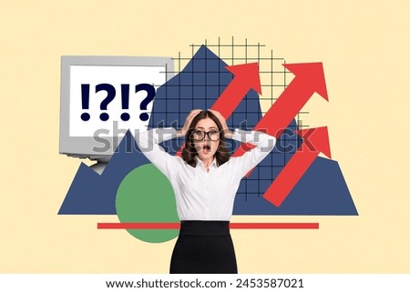 Composite photo collage of astonished businesswoman hold head arrow point up progress computer monitor isolated on painted background