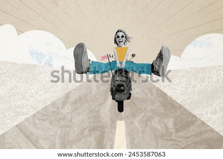 Creative picture image collage crazy girl ride scooter bike moped environment landscape clouds road traveler journey flag destination
