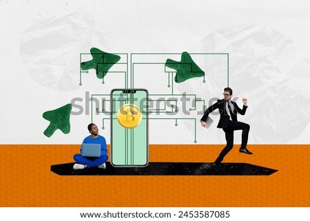Trend artwork composite sketch 3D photo collage of young businessman run from frilancer guy work laptop earn bitcoin coin on phone screen