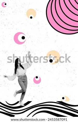 Trend artwork composite sketch image 3D photo collage of young lady attractive woman model posing cat walk fly cartoon eyes look spy