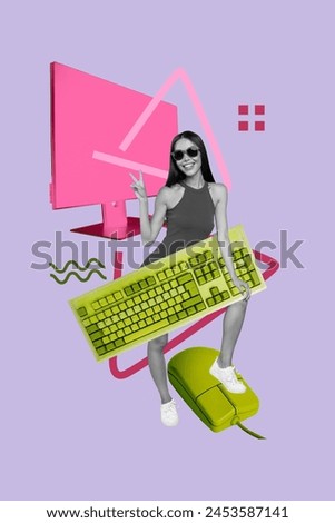 Vertical collage image picture happy joyful woman computer equipment monitor screen digital era devices drawing background