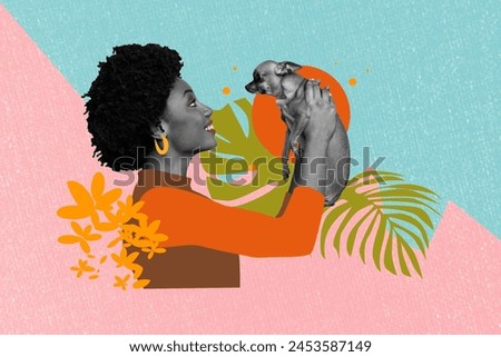 Creative image collage young happy woman hold small dog animal puppy best friend companion nature environment drawing background